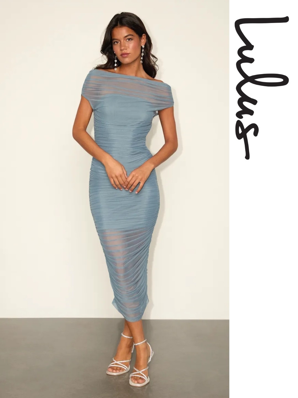 Lulu's - Sunama Slate Blue Mesh Ruched Bodycon Midi Dress - Medium